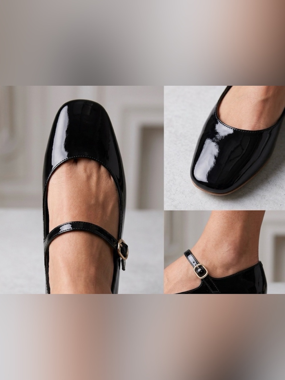 Larroude Black Patent Mary Jane Flats with Gold Buckle Detail